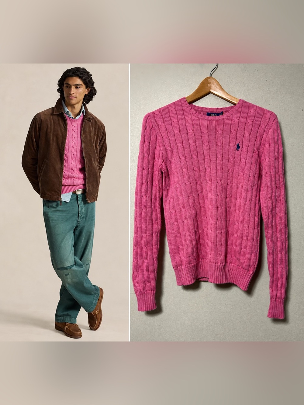 Polo Ralph Lauren Cable Knit Crewneck Sweater Pink 100% Cotton Pony Small Preppy